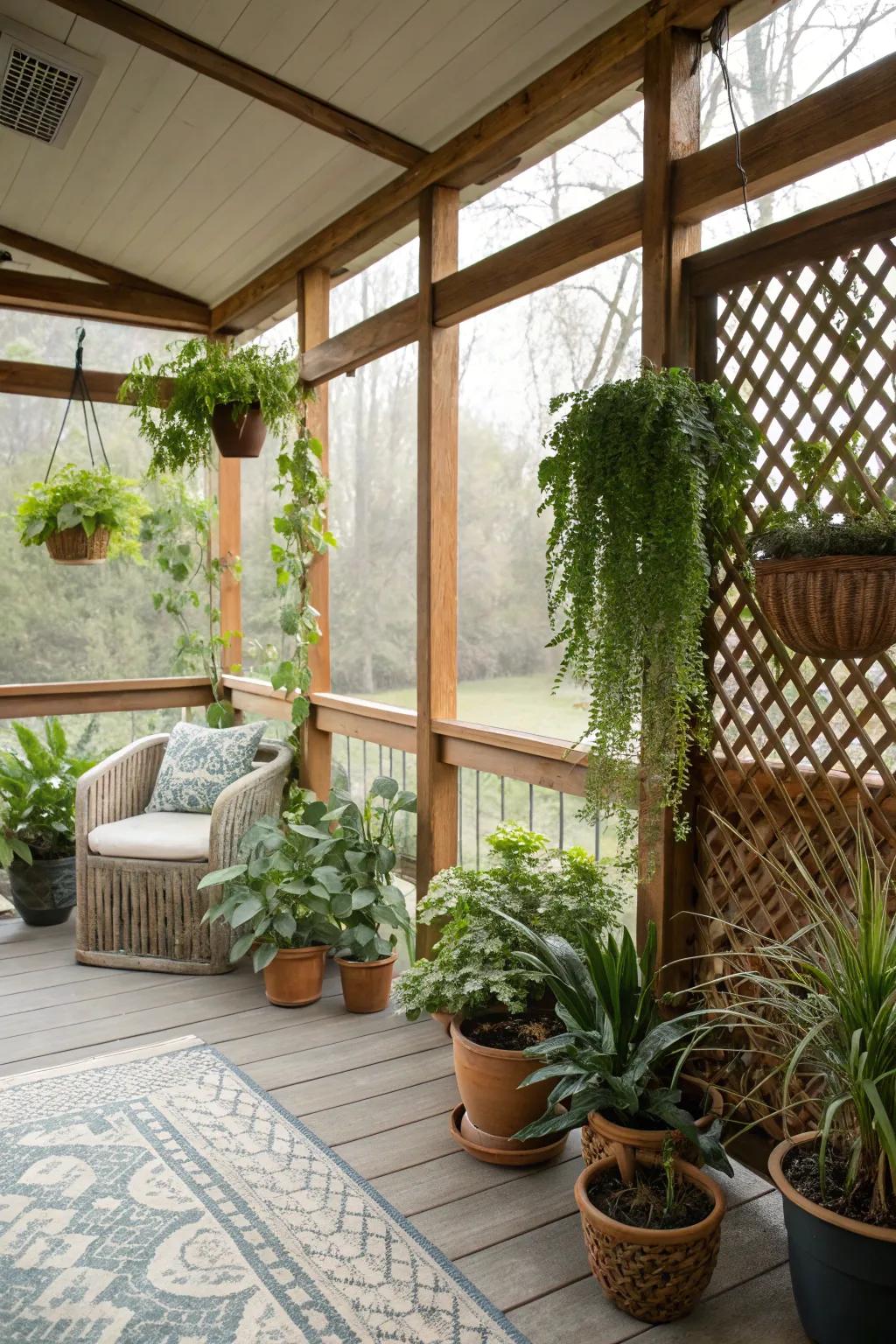 Abundant verdure enlivens the screened porch.