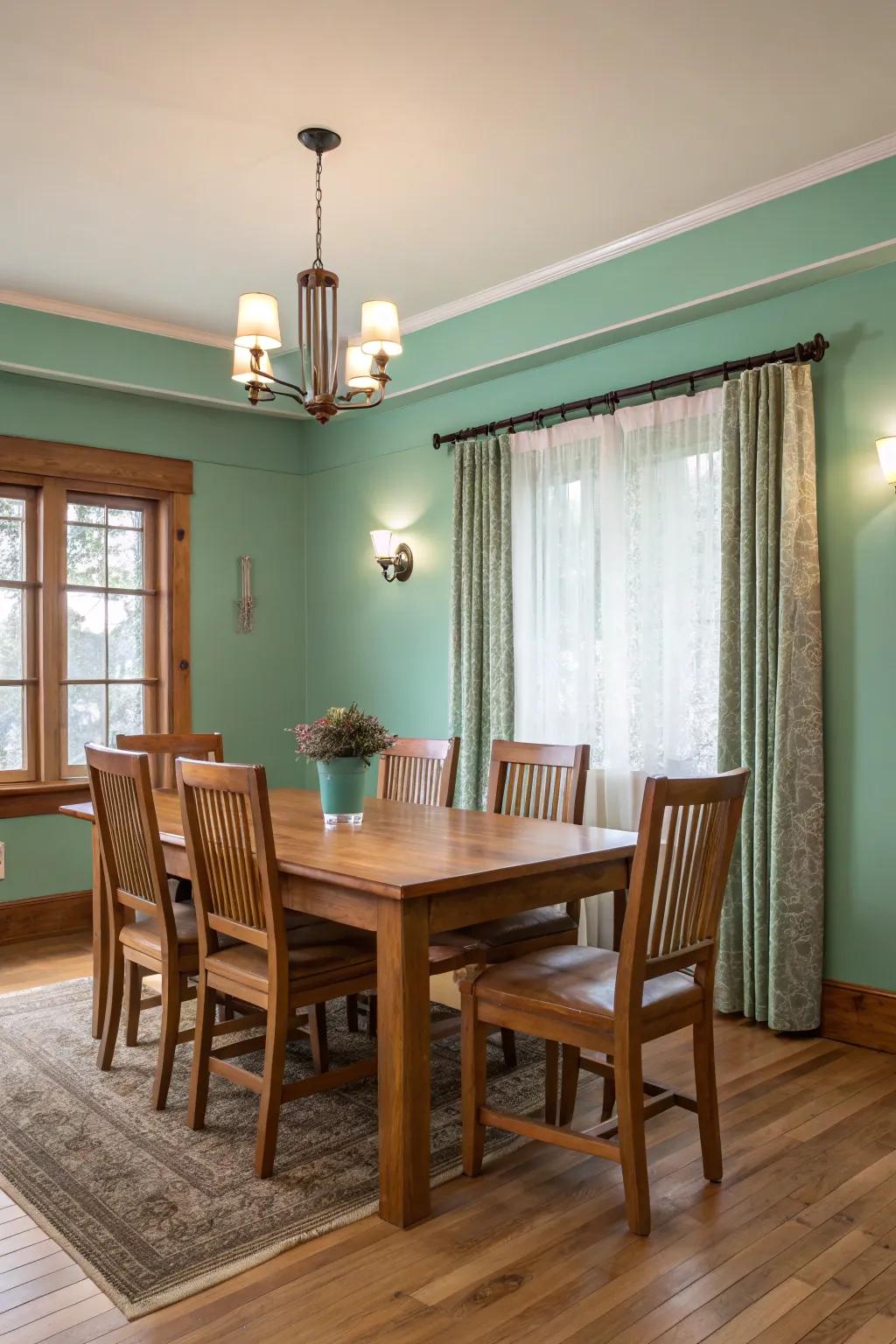 A sophisticated dining room featuring seafoam green walls and elegant furnishings.