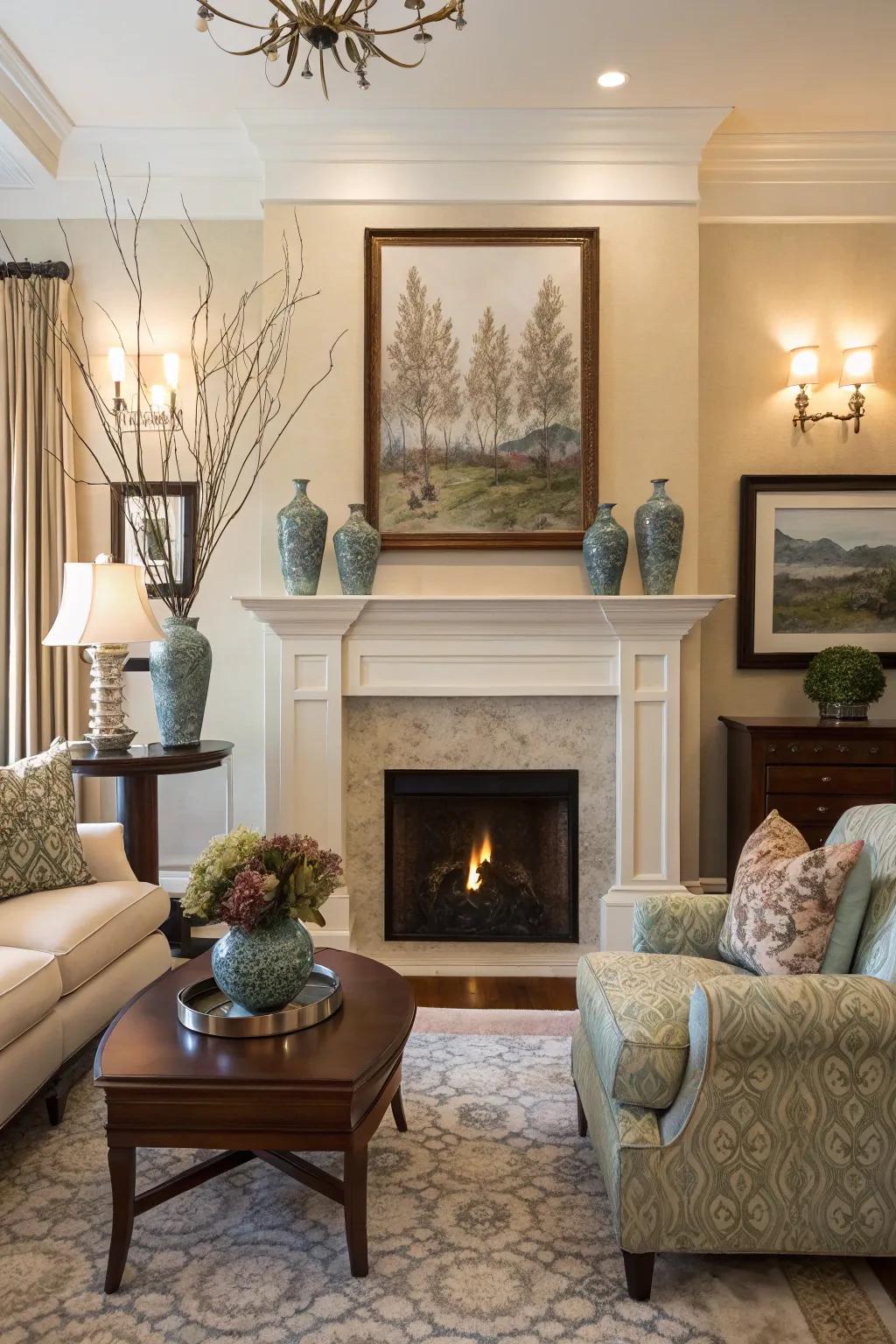 Decorative top shelf accents elevate the fireplace's visual attractiveness.