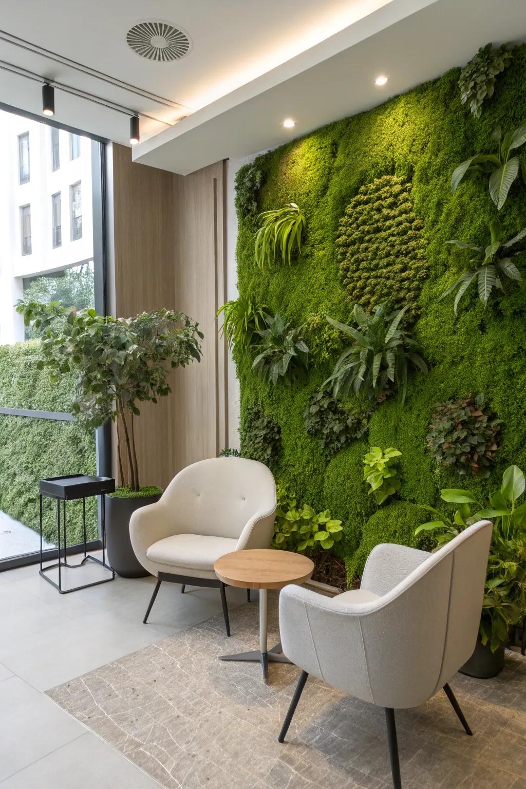 A vegetation wall offers a serene, organic setting.