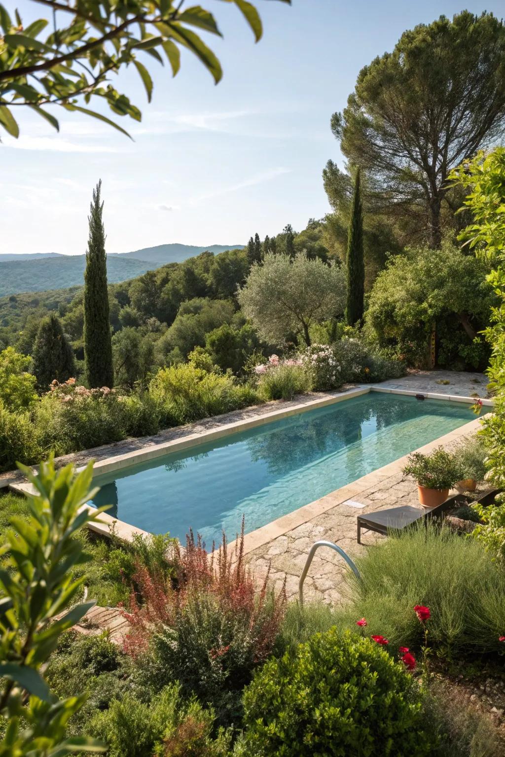 A semi inground pool encircled by vibrant plants, crafting a natural sanctuary.