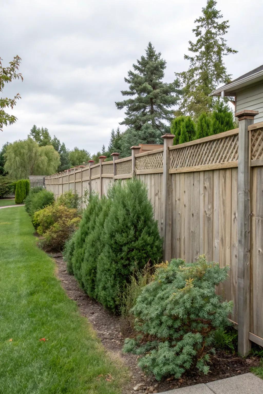The earthy allure of cedar contributes warmth and individuality to this partially-secluded fence.