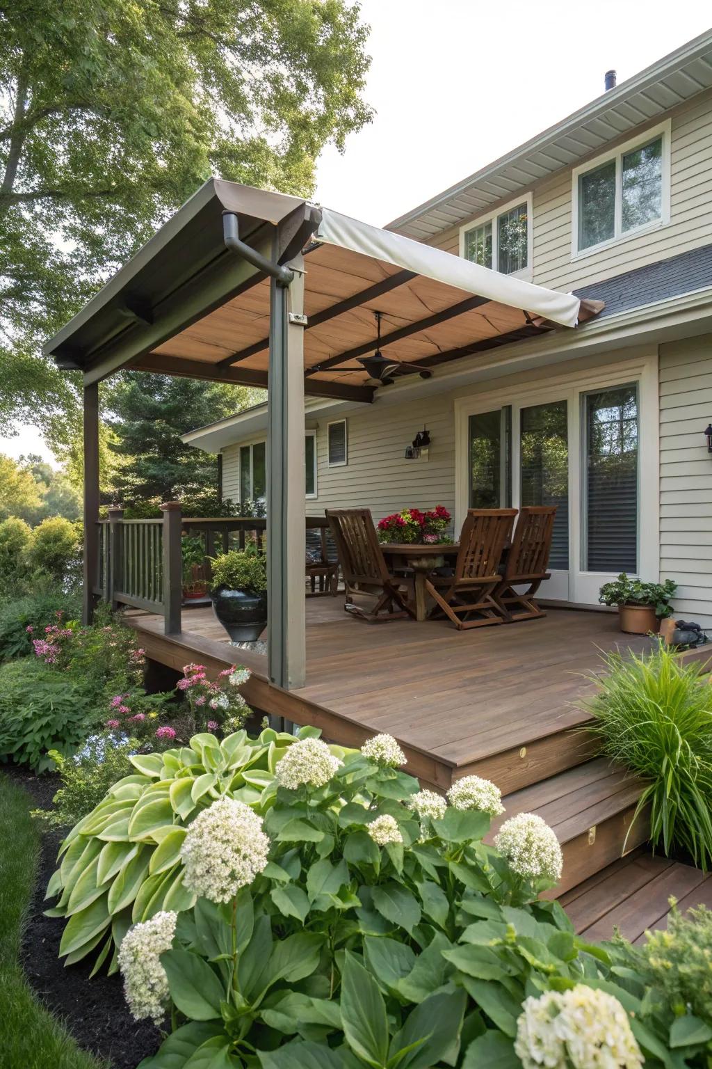 Sheltered patios extend indoor comfort to your deck.