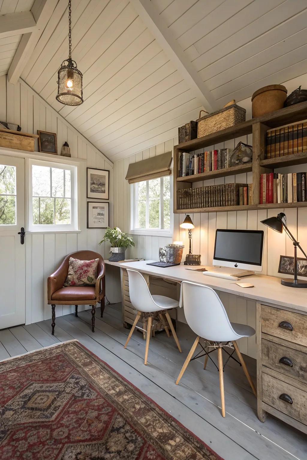 Design a productive home office in your she shed by mixing modern and vintage furniture.