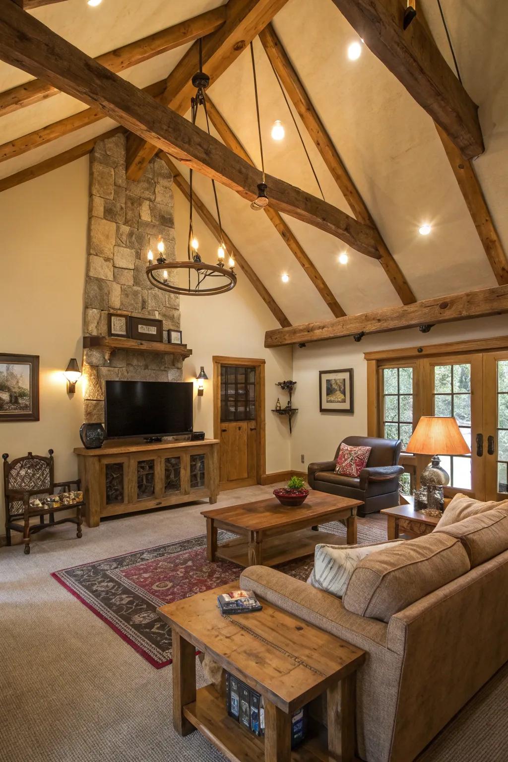 A countryside-themed family space with exposed supports contributing character.