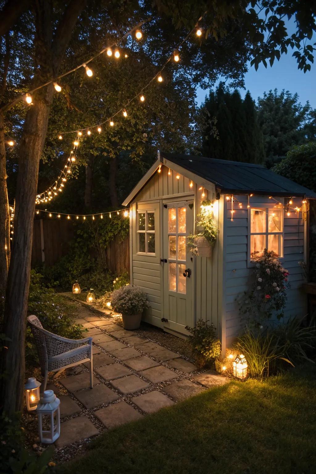 An outdoor shed radiant using imaginative illumination for a magical mood.