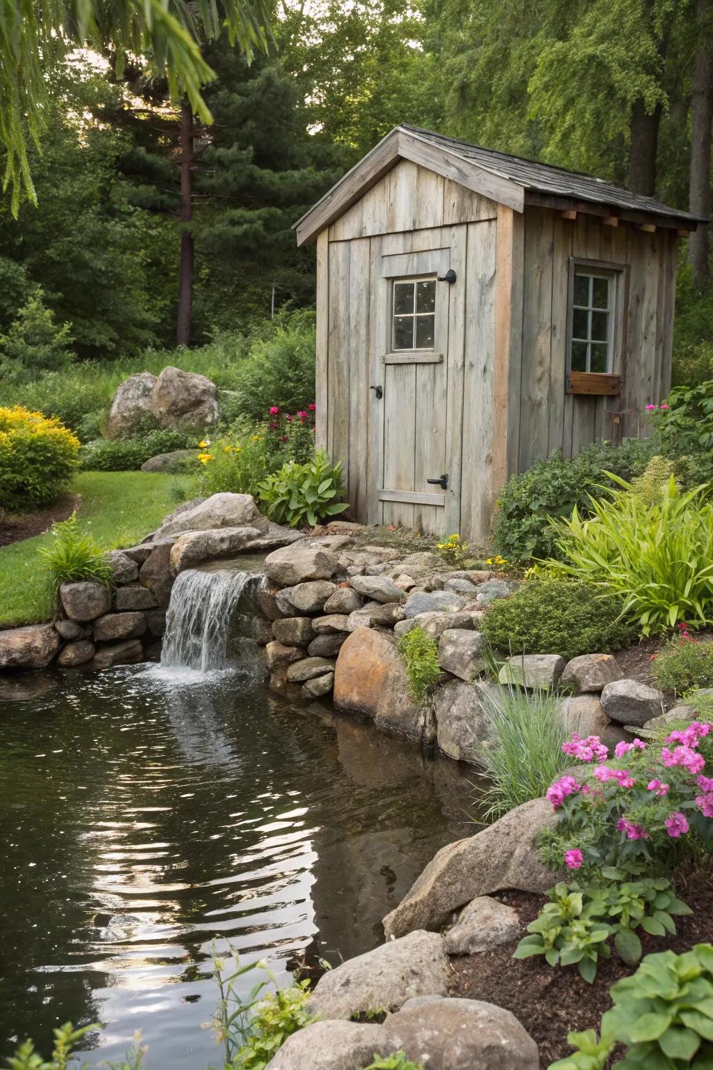 A peaceful setup with a structure next to a relaxing river feature.