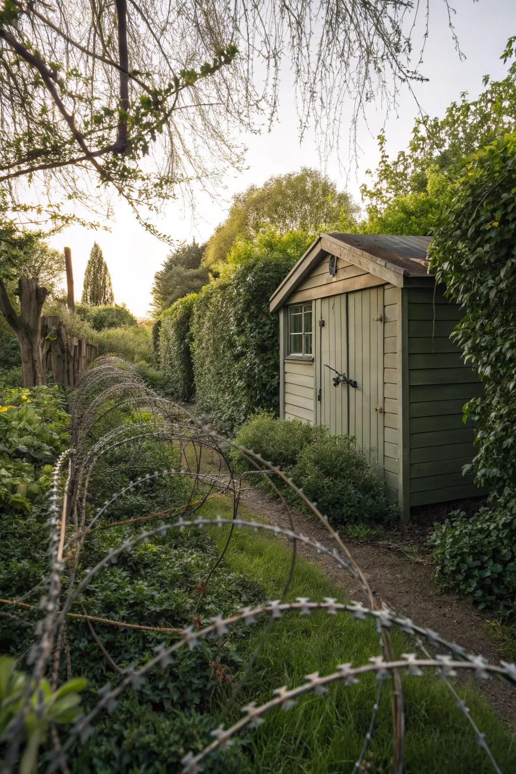 Thorny shrubs create a natural boundary around a garden shed.