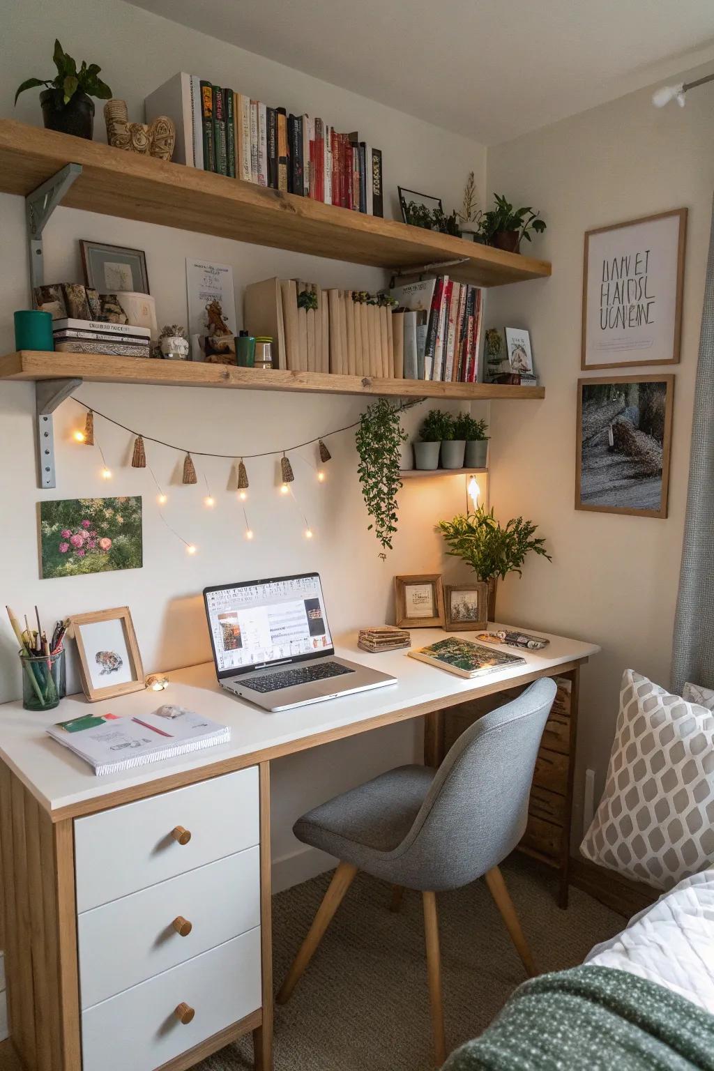 Integrated displays above a desk for a streamlined workspace.