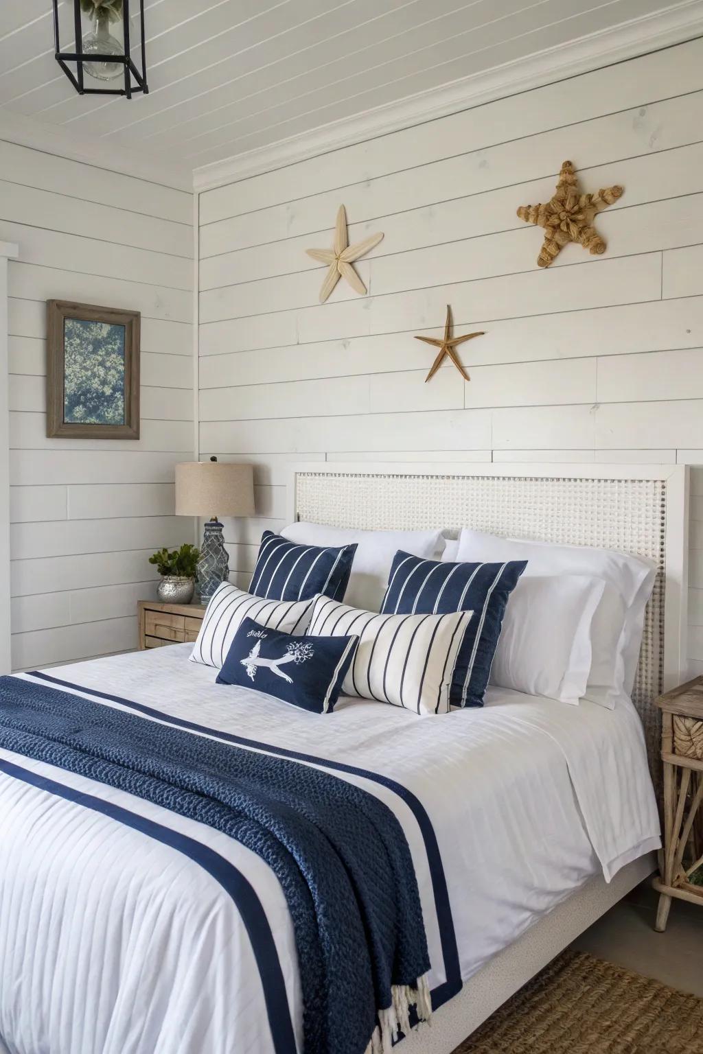 Create a coastal retreat with horizontal shiplap and nautical accents.