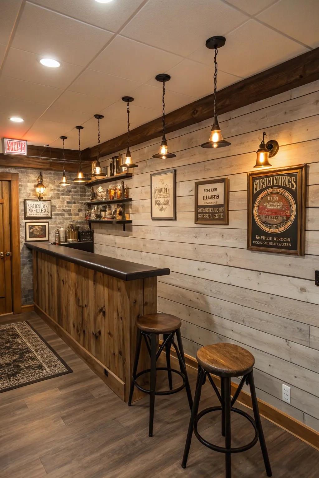 A country shiplap bar area in the basement, perfect for entertaining.