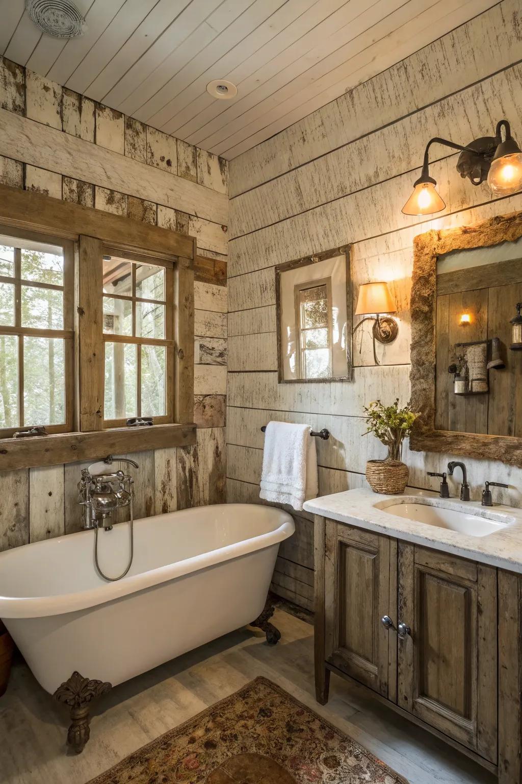 A bathroom showcasing distressed panel plank walls and rustic ornamentation.