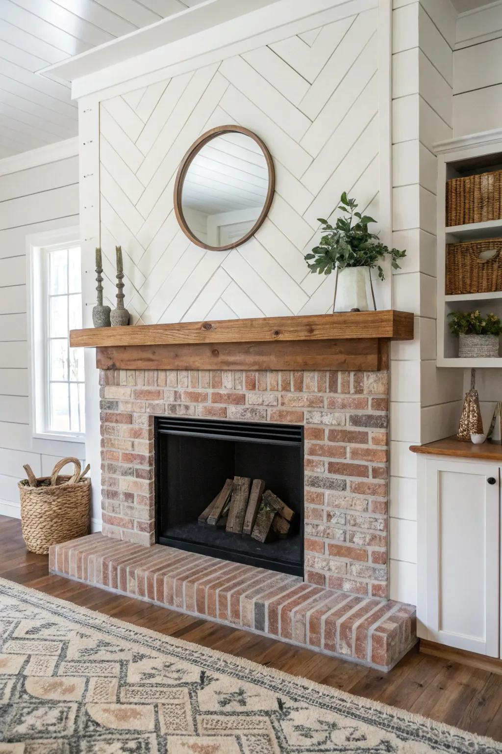 A blend of shiplap and brick adds dimension and feel to the fireplace.