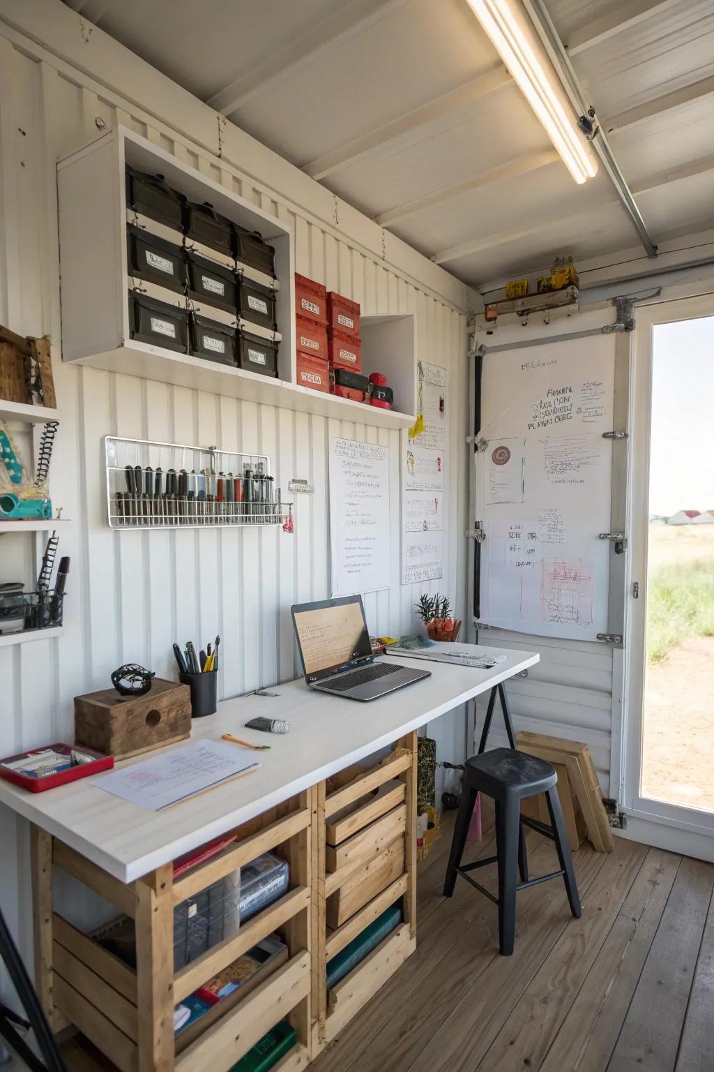 A multi-functional space merges storage with creative activity.