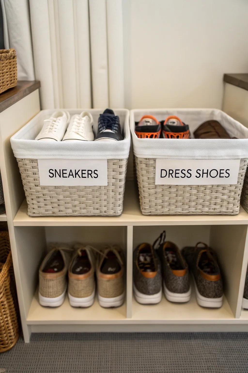 Marked baskets simplify the task of finding the ideal pair of shoes.