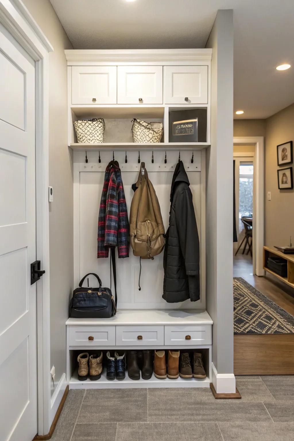 A versatile shoe solution with hooks for added organization.