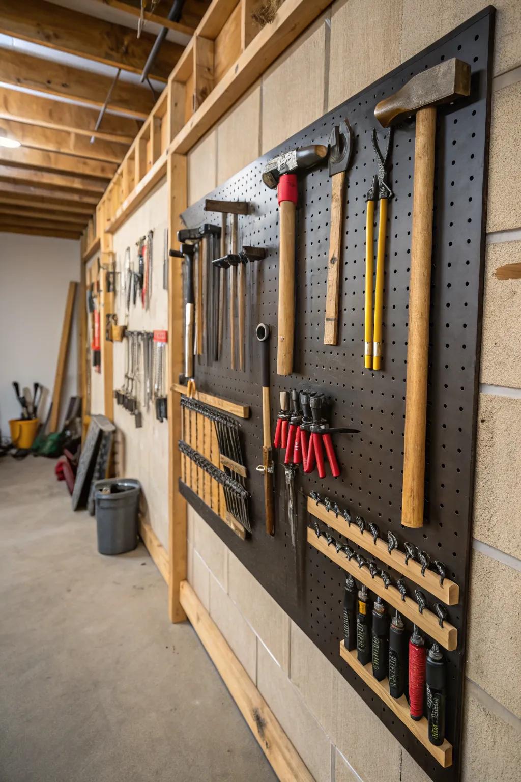 Custom tool racks displayed on a garage wall.