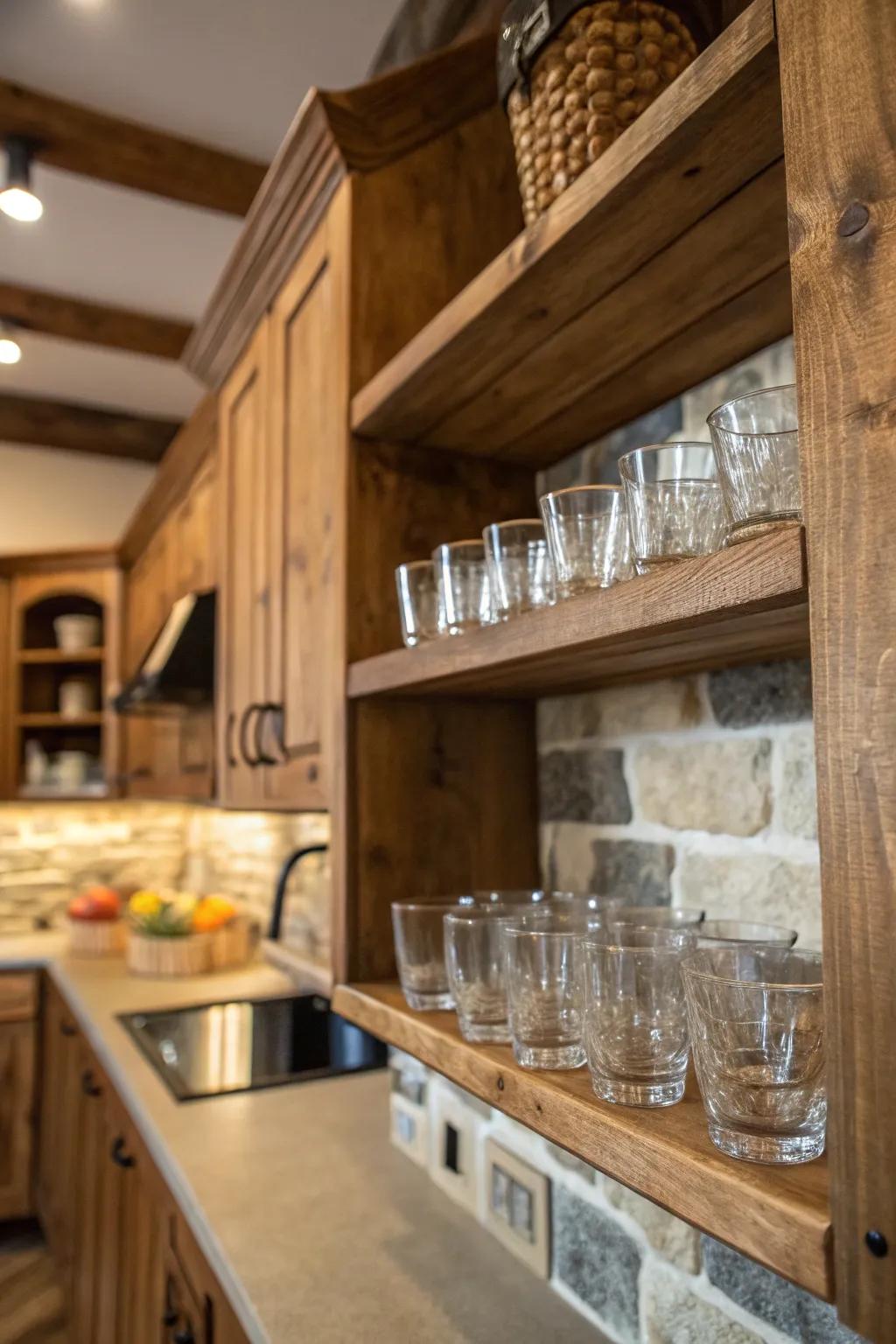 A farmhouse-style kitchen featuring a rustic wooden shelf adorned with shot glasses.