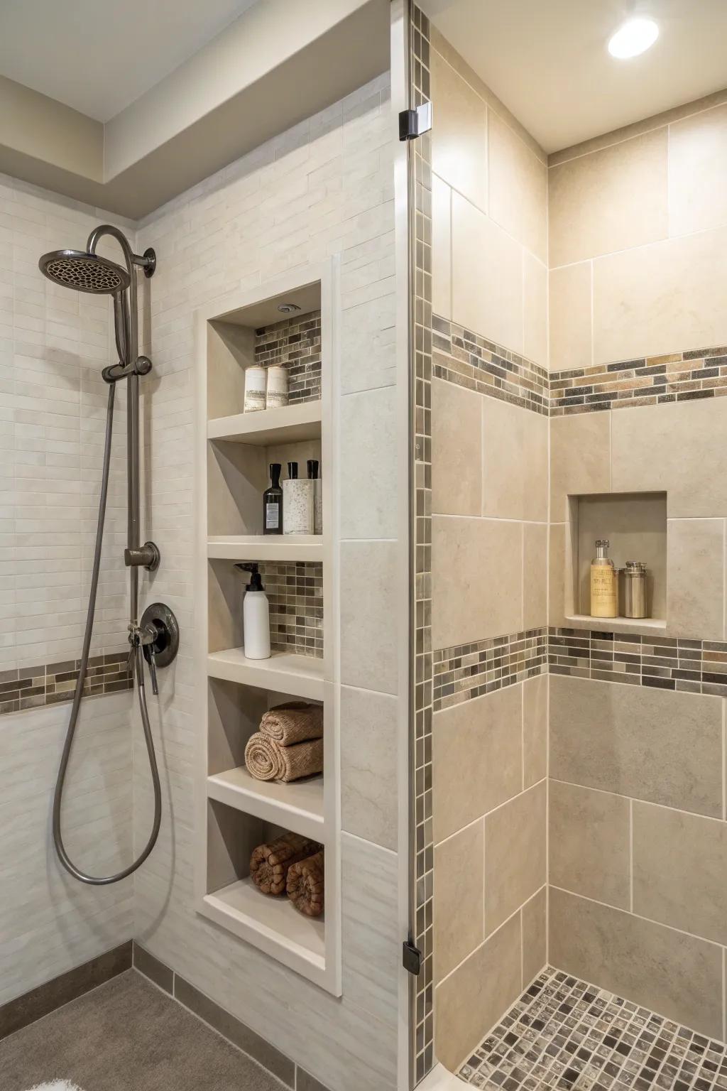 A shower equipped with tailor-made built-in nooks and elegant shelving.