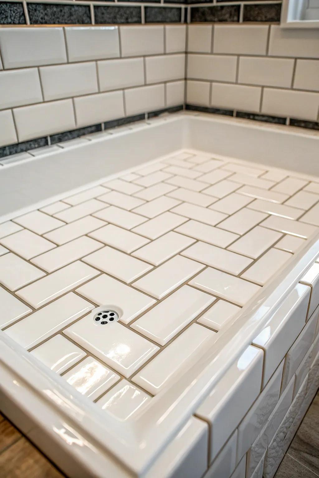 Classic white subway tiles on a shower pan, offering a timeless and clean look.