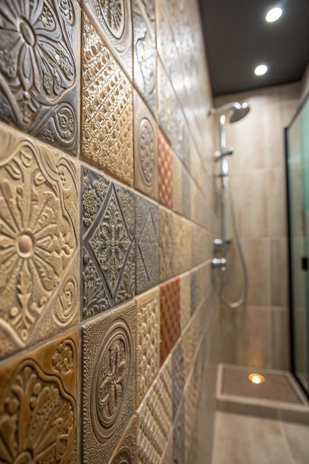 Embossed surfaces introduce depth and a tactile experience to the shower.