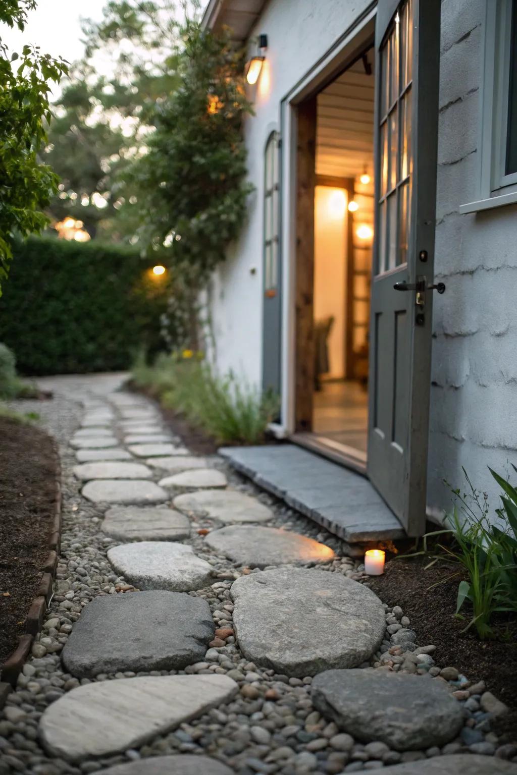A cute stone trail leading to a side entrance.
