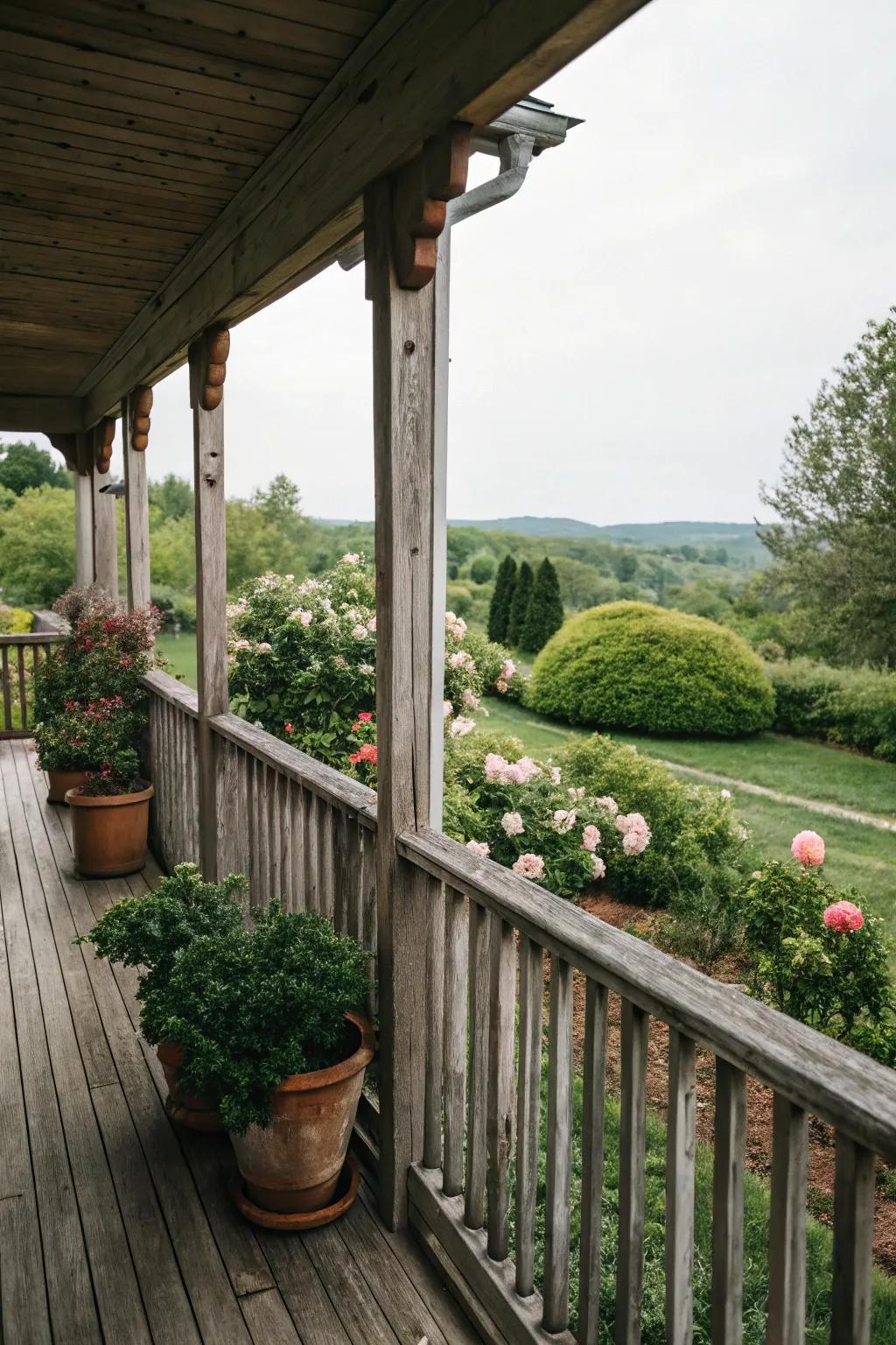 Appealing wooden guardrails that accentuate the side porch's beauty.