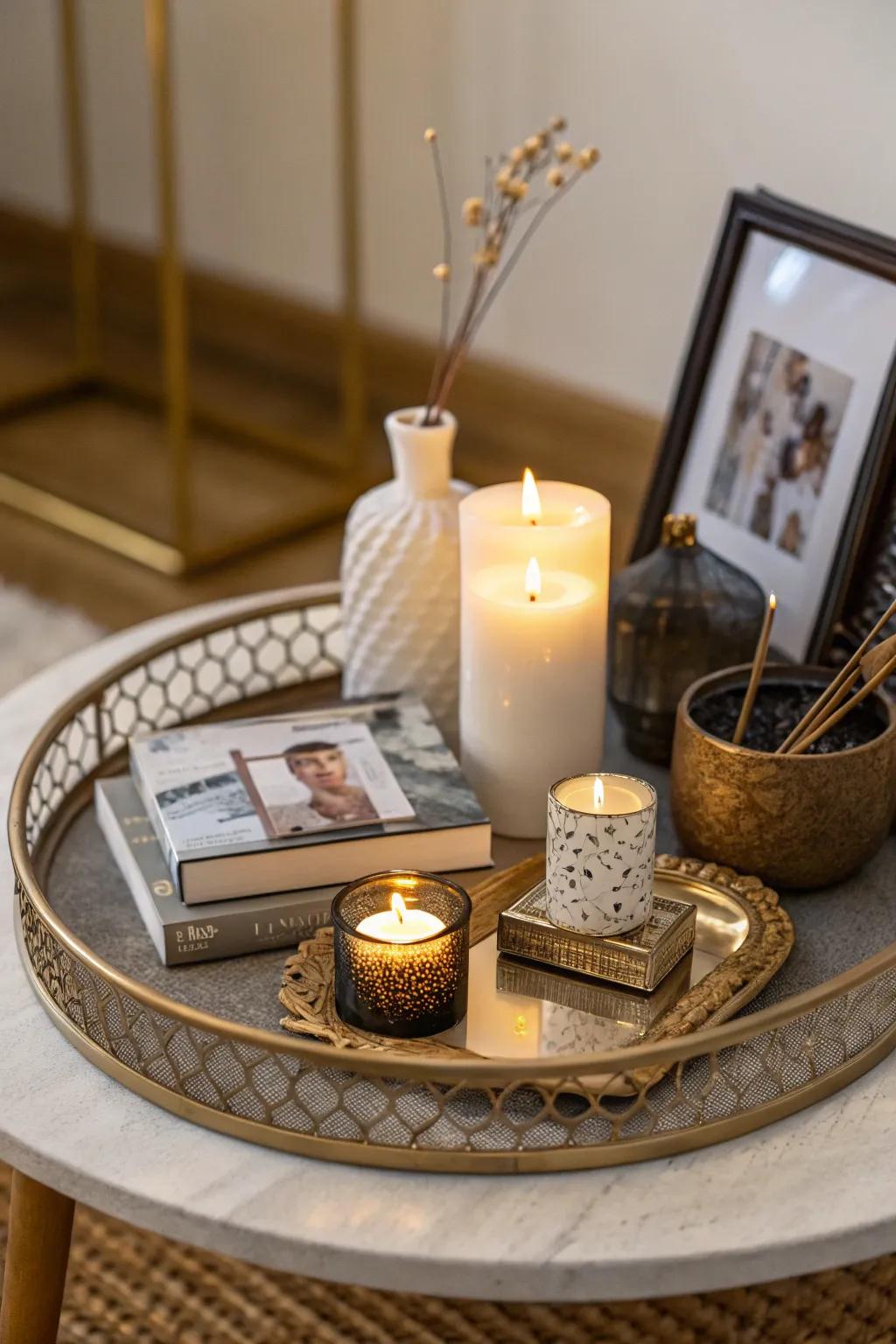 A side table neatly organized with a stylish tray.