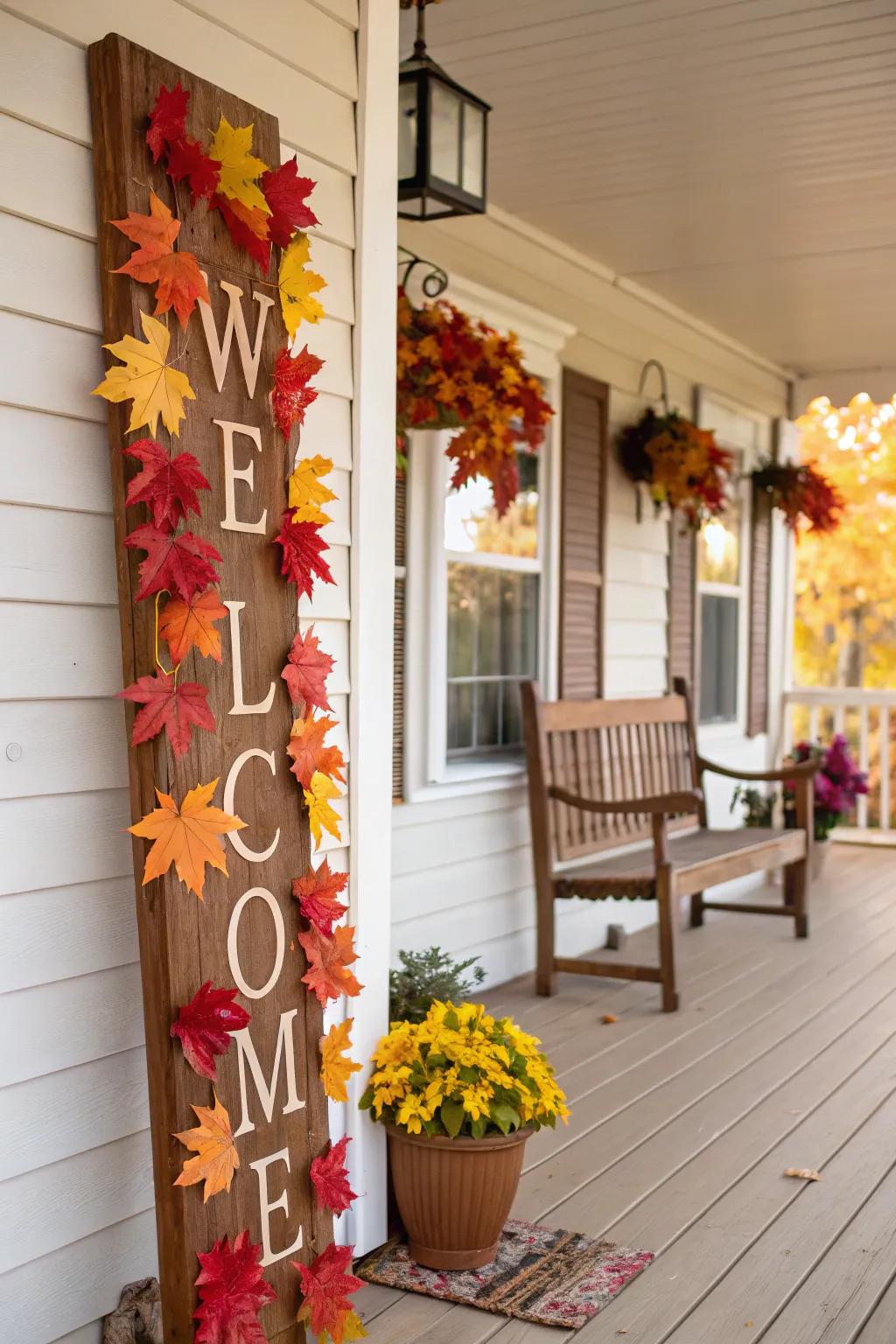 A porch displaying a seasonal greeting plaque adorned with autumnal foliage.