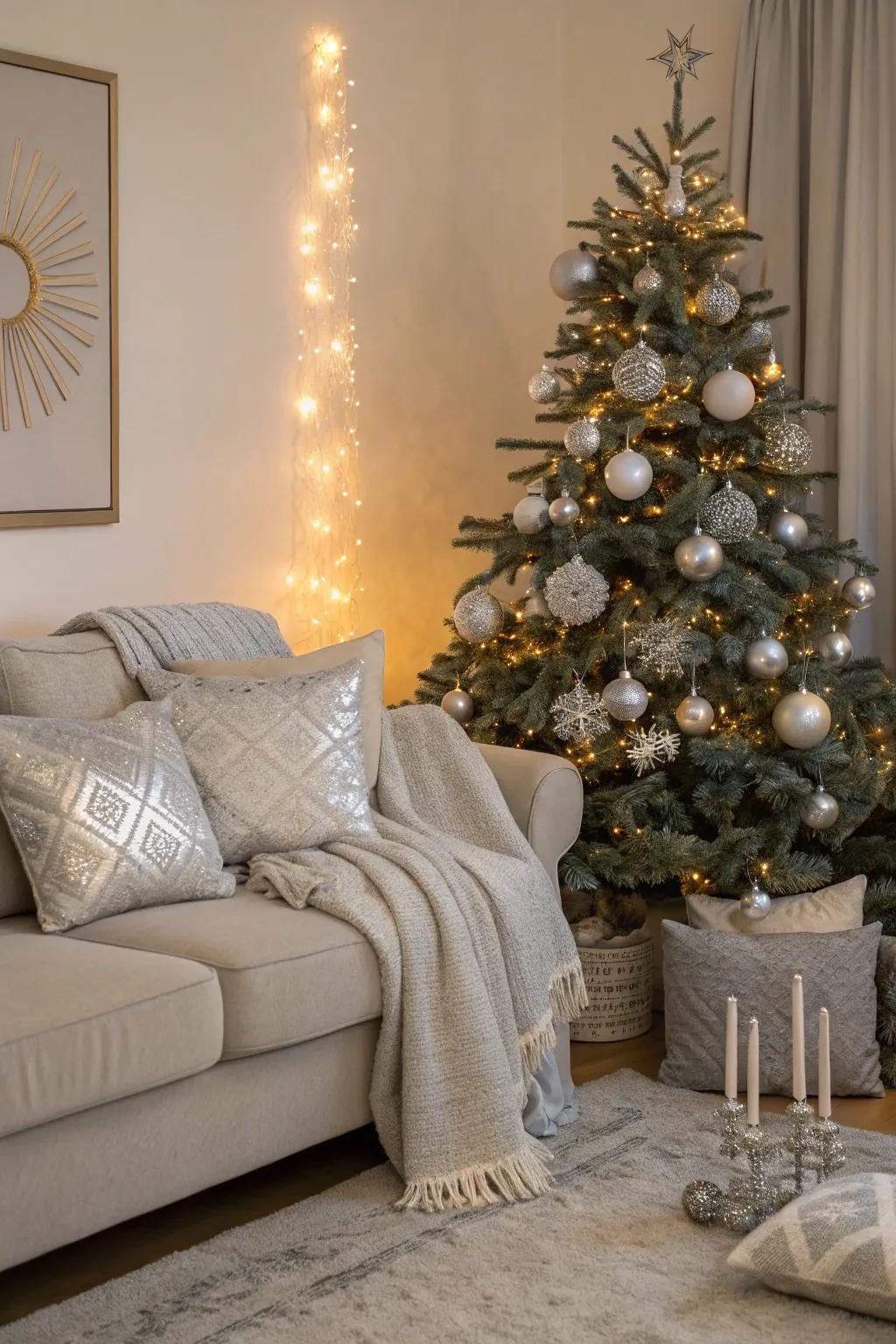 Forge a comfortable and elegant living area using silver decor.