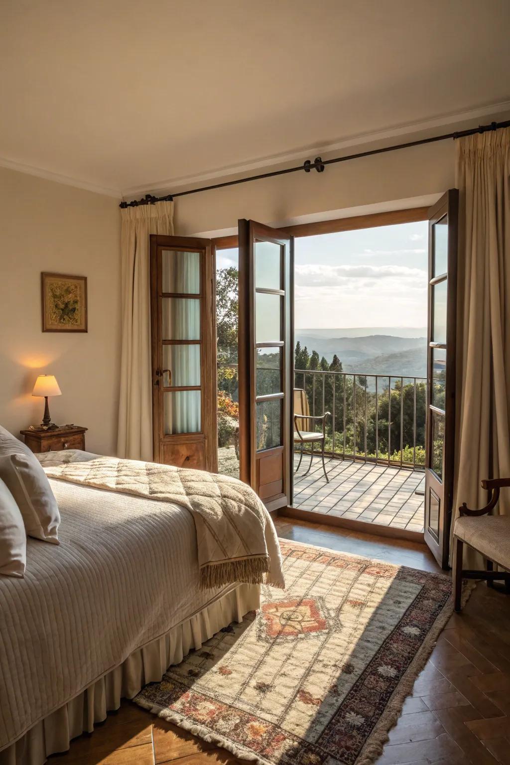 Inviting bedroom textures extending to a peaceful balcony.