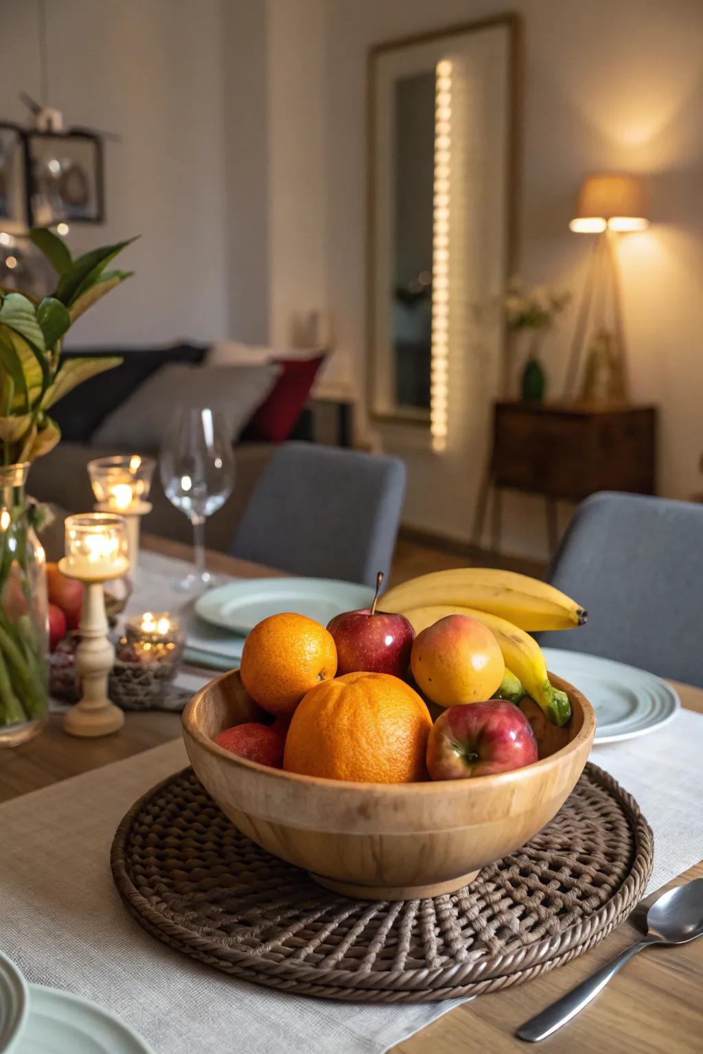 A bowl of fresh fruit serves as a useful focal point.