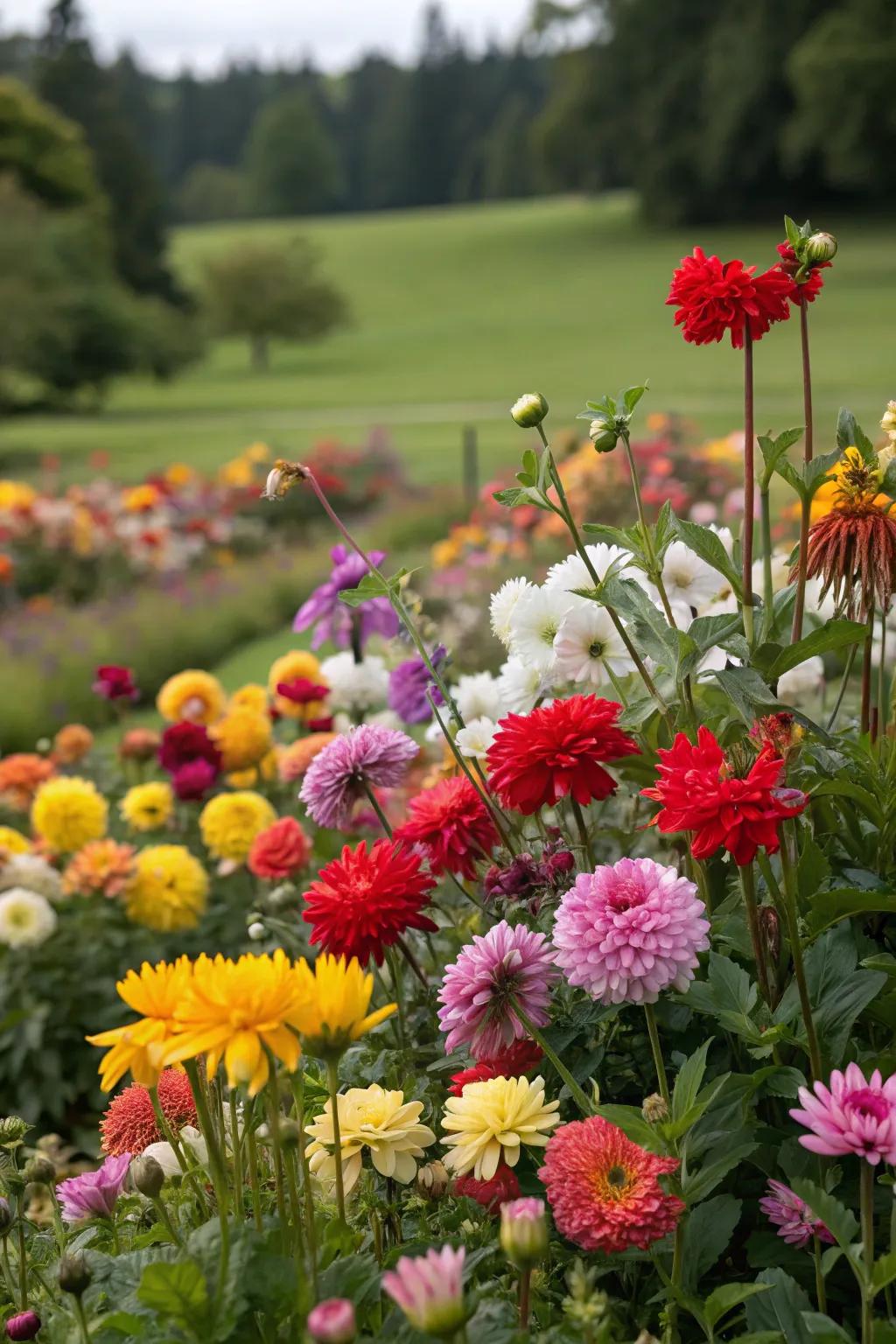 A vibrant array of colorful flowers makes this flower bed a cheerful sight.