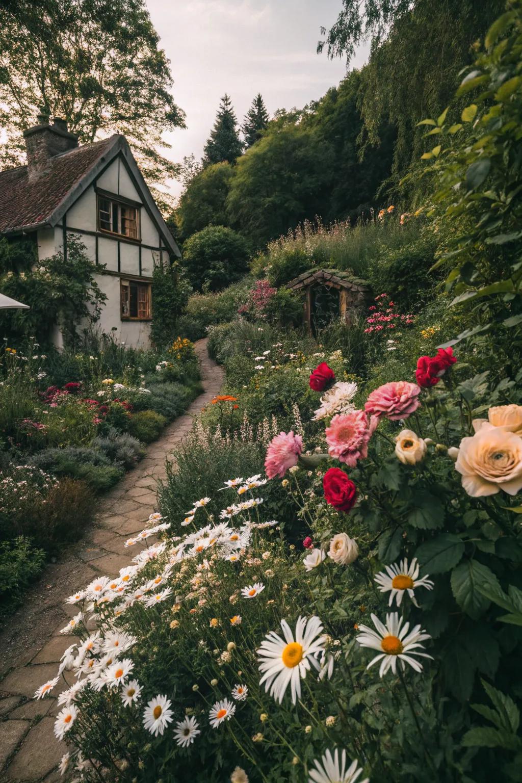 A cozy cottage-style garden brimming with varied flowers.