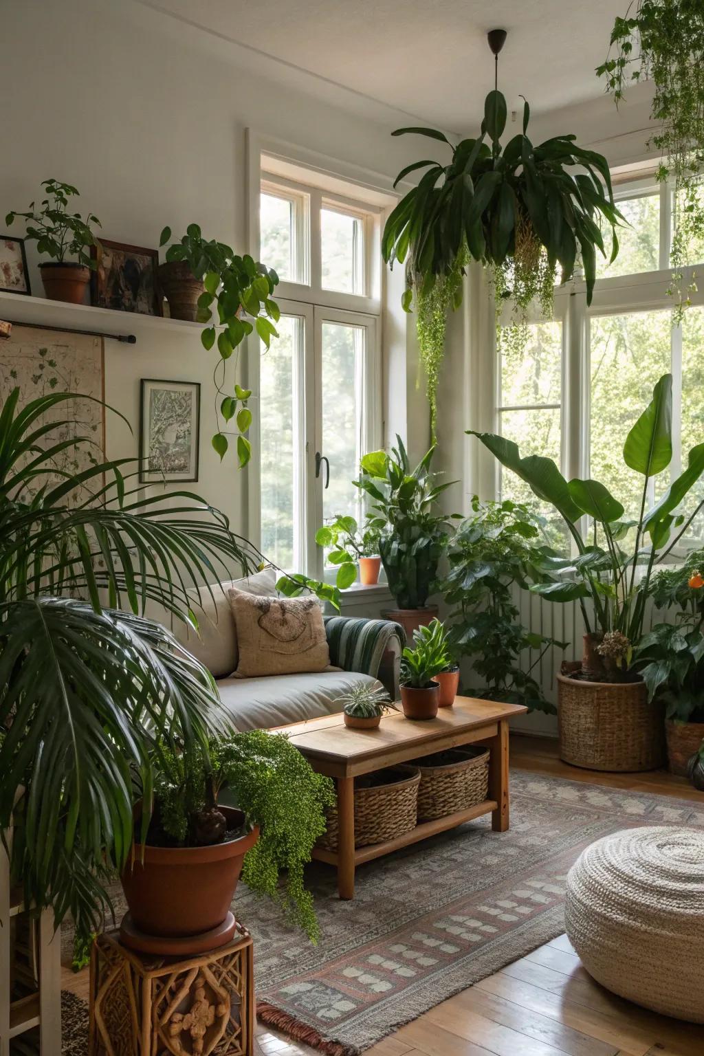 Greenery introduces freshness and energy to the living area.