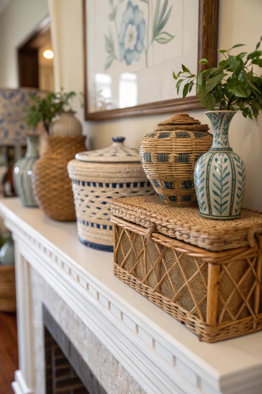 Layered textures bring a rich visual depth to this everyday mantel.