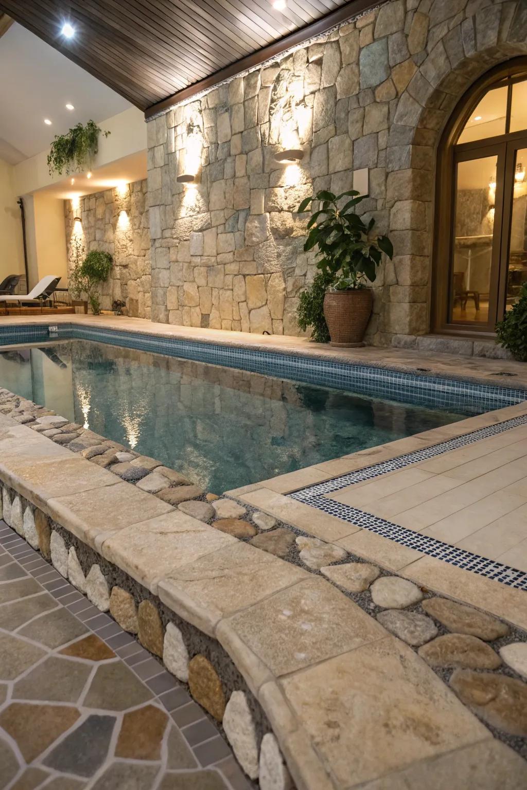 Stone and tile accents adding polish to the poolside area.