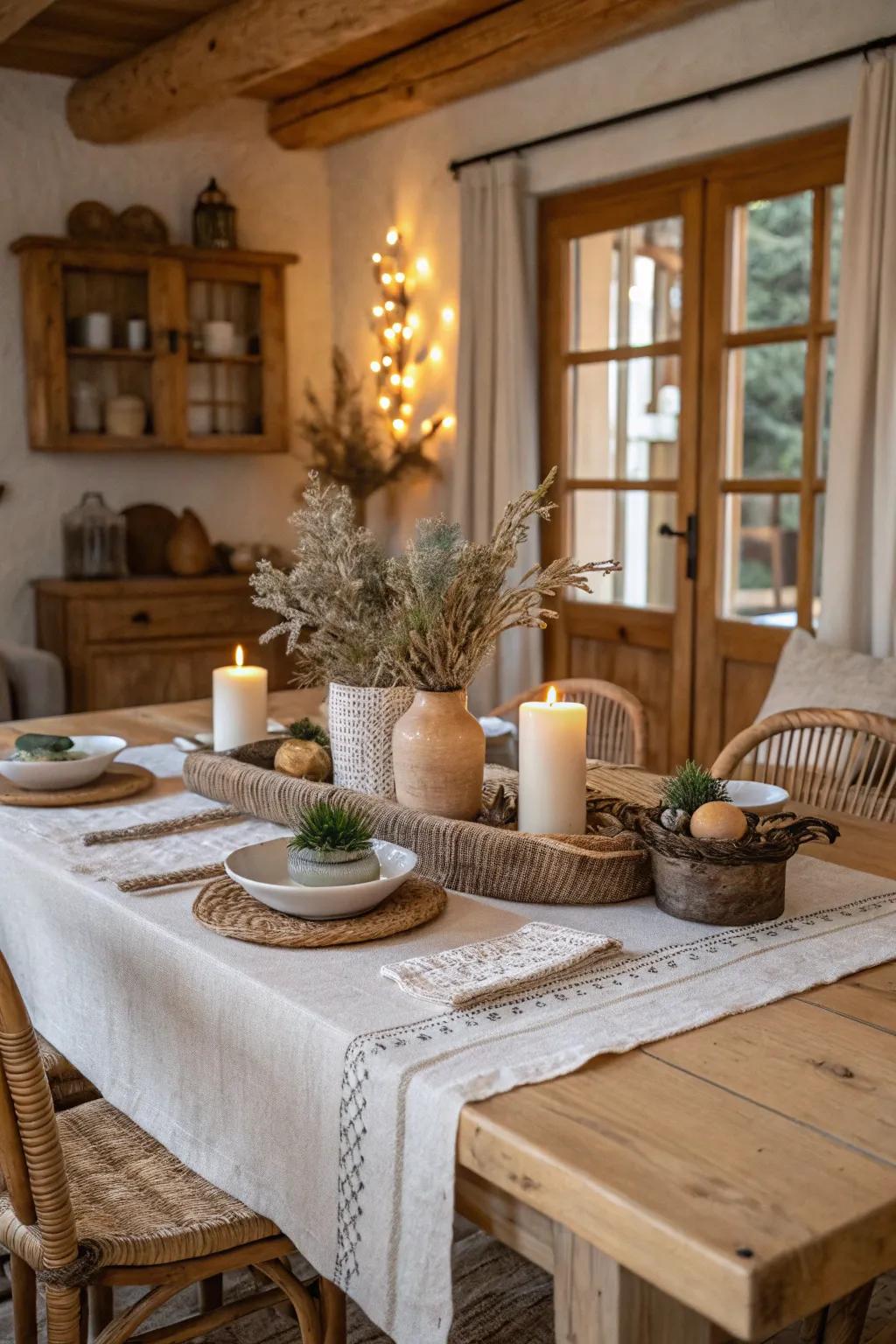 Soft colors composing a serene rustic table arrangement.