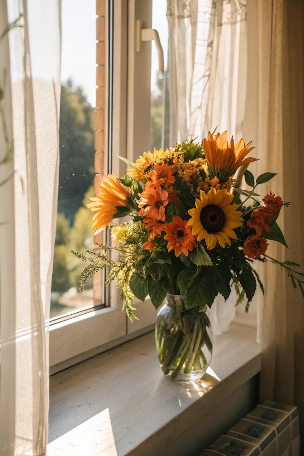 Vibrant sunflowers and peach blooms make a captivating summer centerpiece.