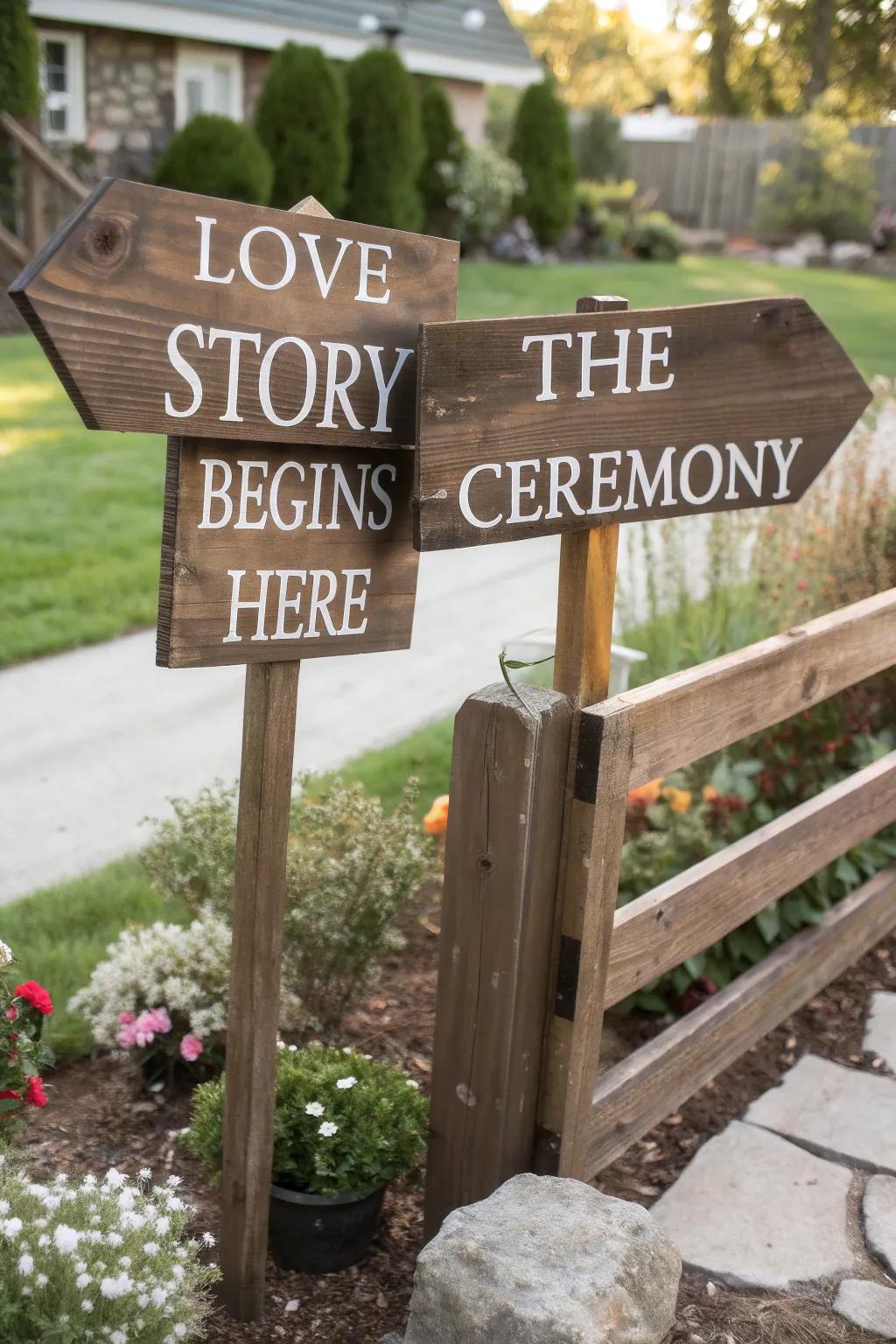 Rustic wooden signs guide guests and add personal charm.