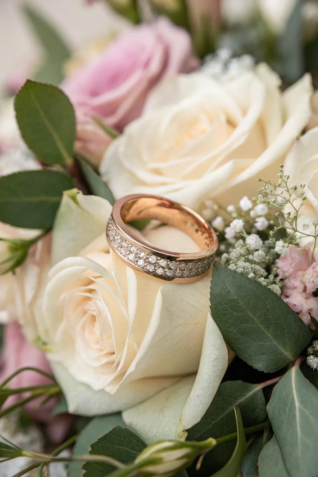 A romantic rose gold band set against a gentle floral setting.