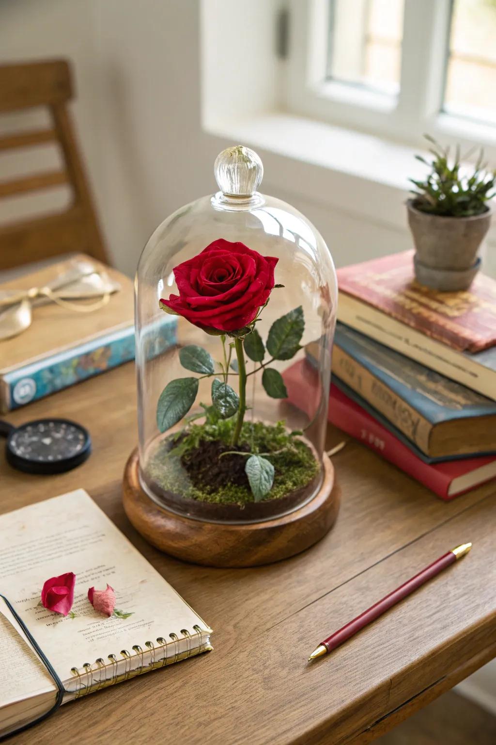 An encapsulated habitat delivers a distinctive display opportunity for a single rose.