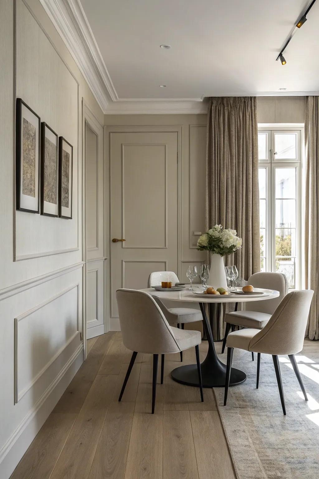 Refined baseboards create a minimalist, contemporary dining space.