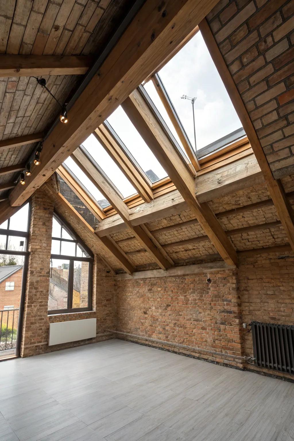 A loft space with an angled skylight trim.