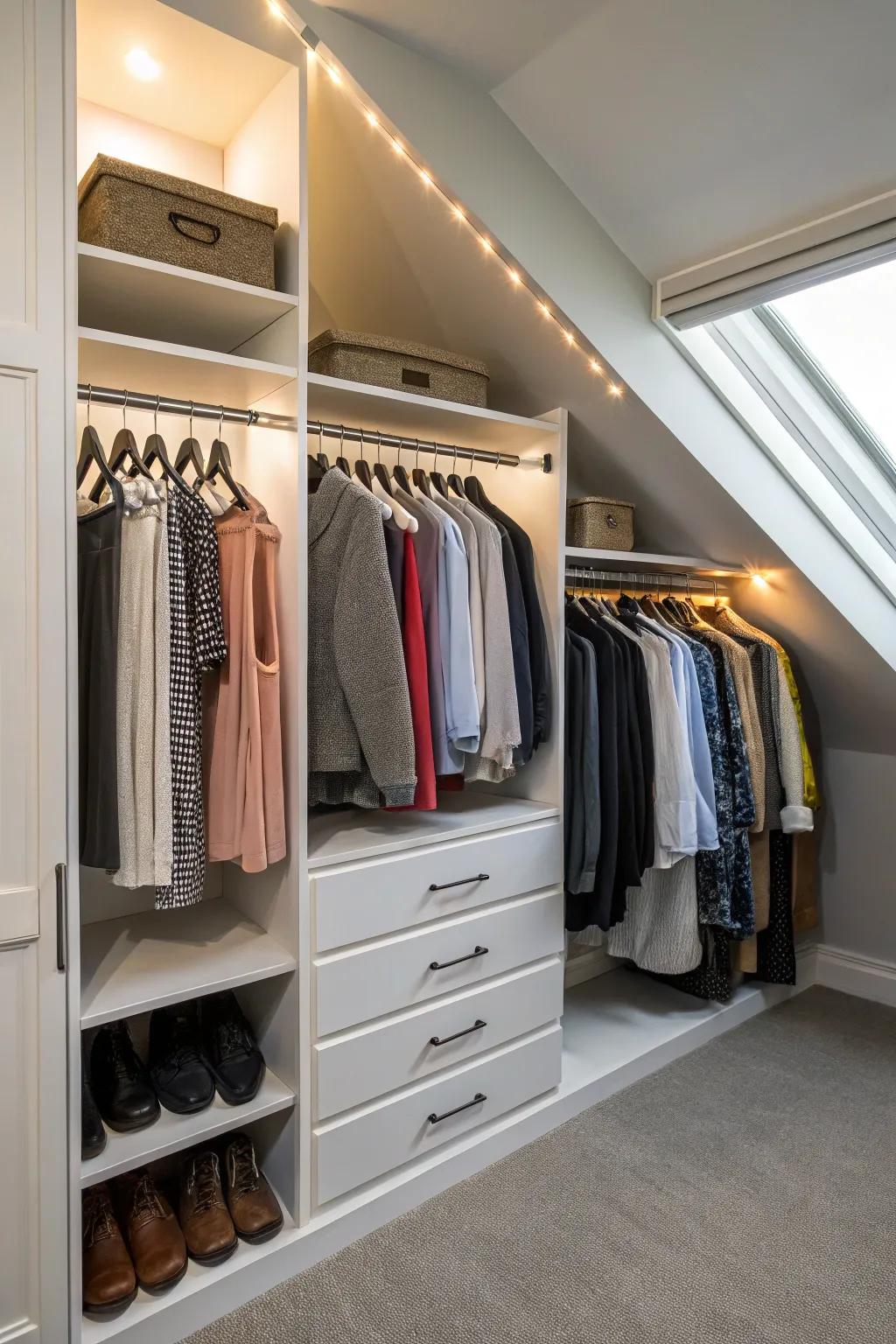 Adjustable rods bring harmony to slanted closets.