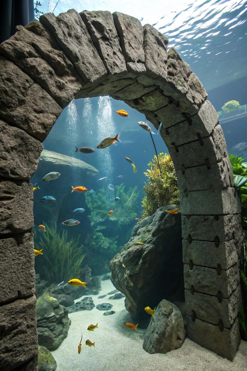 A magnificent mineral stone archway featured in an aquarium.