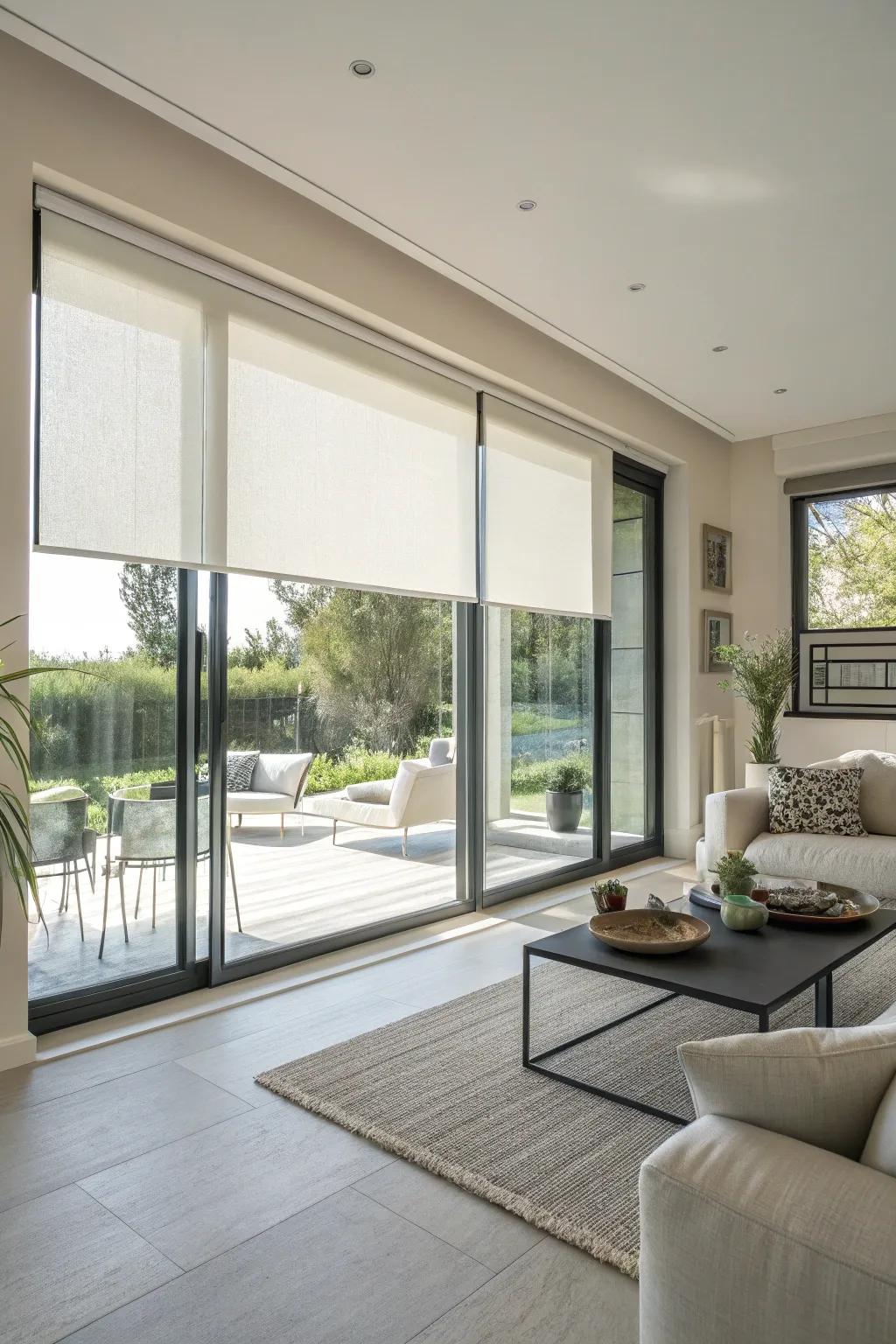 Window shades create a sleek, modern aesthetic.