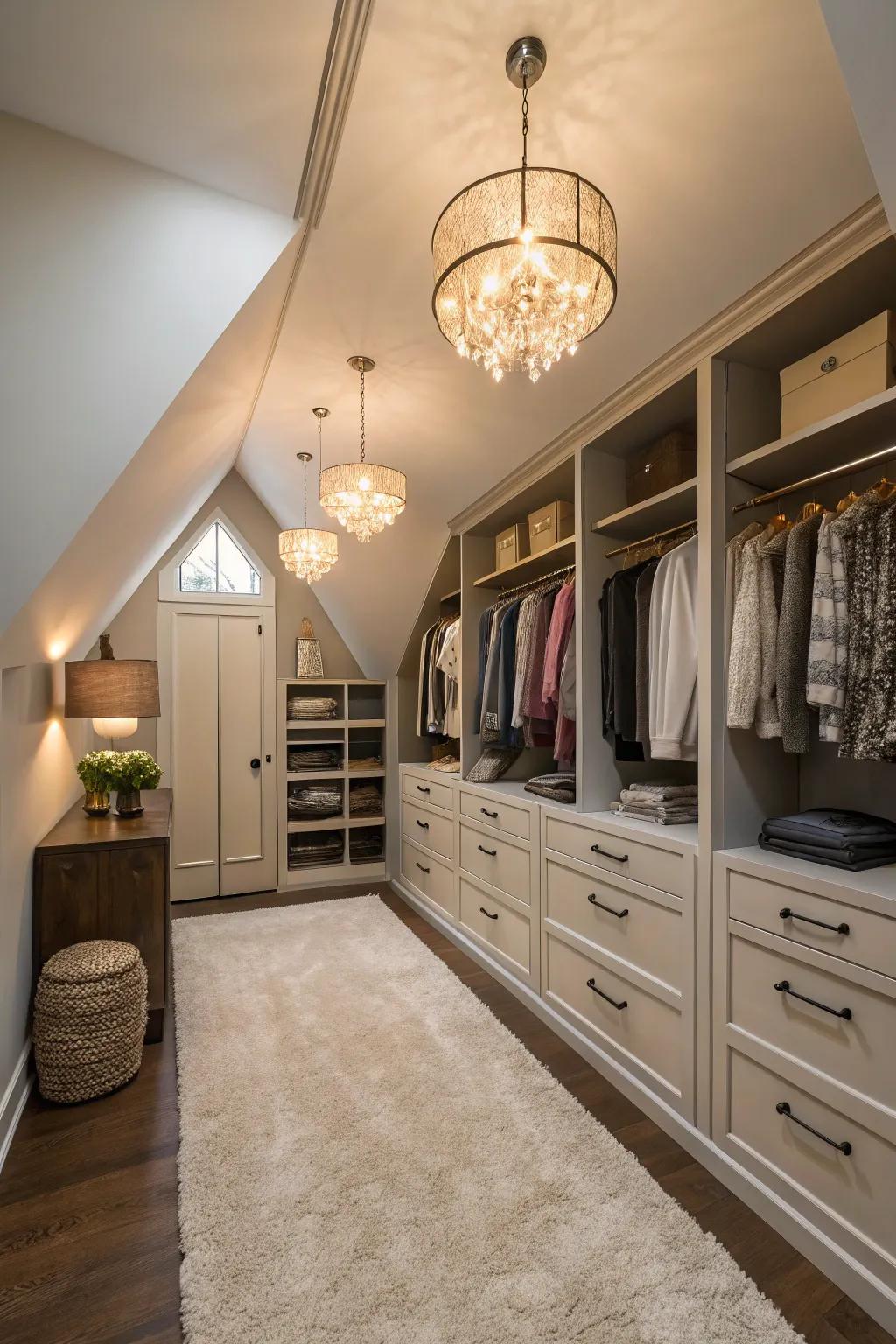 Decorative touches like rugs and lighting make your closet inviting and fashionable.