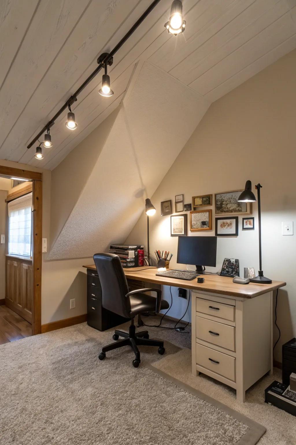 Versatile track illumination adapts to the angles of slanted ceilings.