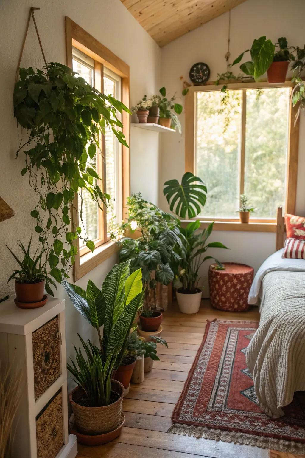 Verdure imparts warmth and liveliness to compact Airbnb interiors.